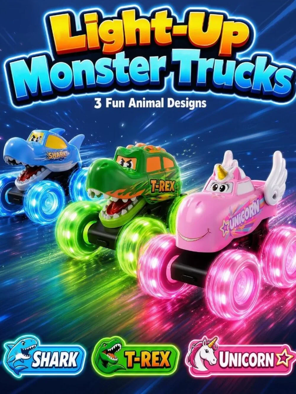 3 Pack Light Up Monster Truck Toys for Toddlers, Big Wheel Friction Cars, Fun